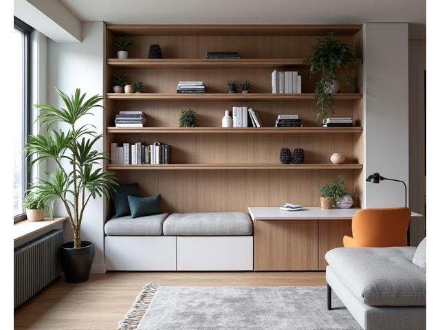Custom built-in shelving unit with various books and decorative items in a modern apartment living room, showcasing efficient space utilization.